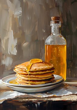 Oil painting of pancakes with honey jar in moody vintage, , For wall art, digital art, home decor , background and wallpaper