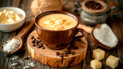 Butter bulletproof and coffee in a cup. Selective focus. - obrazy, fototapety, plakaty