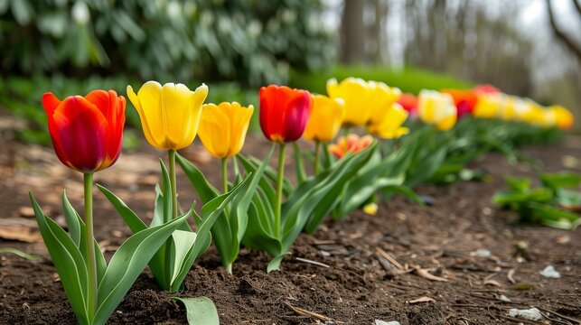 A row of colorful tulips grow in the garden, with green leaves and varied yellow to red petals.