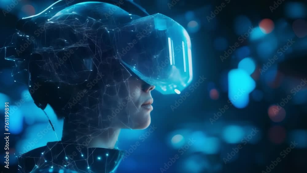 Poster a holographic representation of a person with their face partially obscured by a complex futuristic 