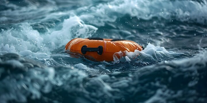 Safety floatation device on water Marine rescue lifesaver in ocean waves. Concept Water Safety, Marine Rescue, Lifesaving Equipment, Ocean Waves, Safety Floatation Device
