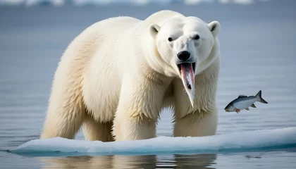 Fotobehang A Polar Bear With Its Mouth Full Of Fish Gulping © Fatima