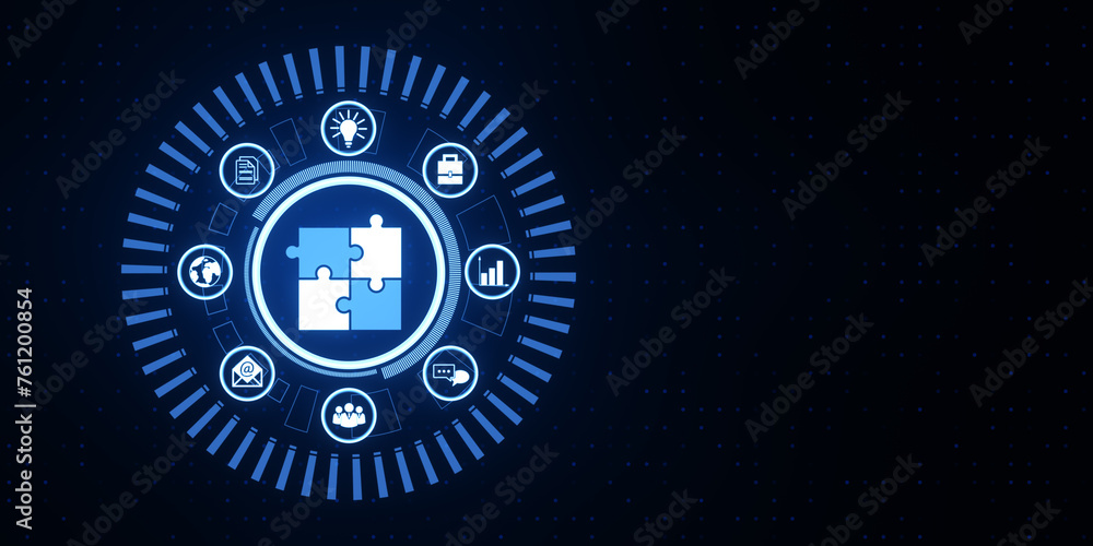 Aufkleber Creative round data management hologram with jigsaw puzzle on wide dark background with mock up place. Data, business hud and cloud concept. 3D Rendering.