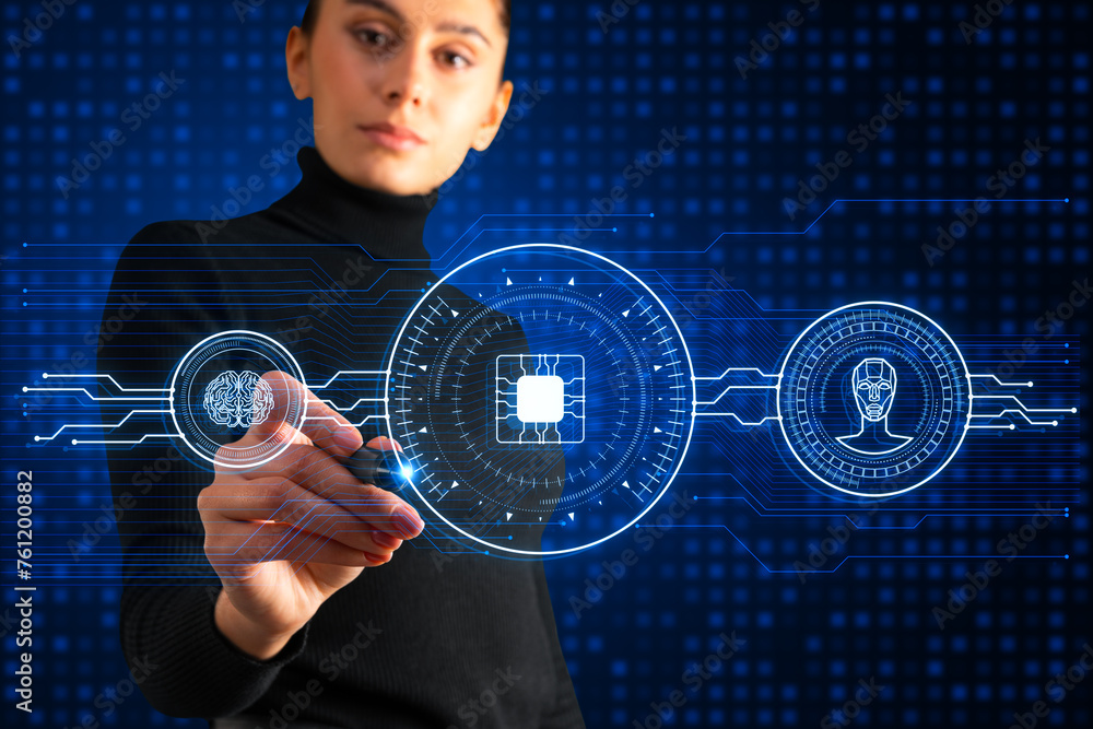 Poster attractive young woman using creative ai hologram on dark blue tech background. artificial intellige