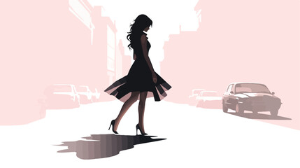 Beauty young girl in dress walking down street