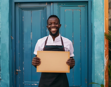 Portrait of happy african-american man in apron holding a clean chalkboard near blue door at entrance to restaurant or cafe. Opening new cafe or restaurant business concept