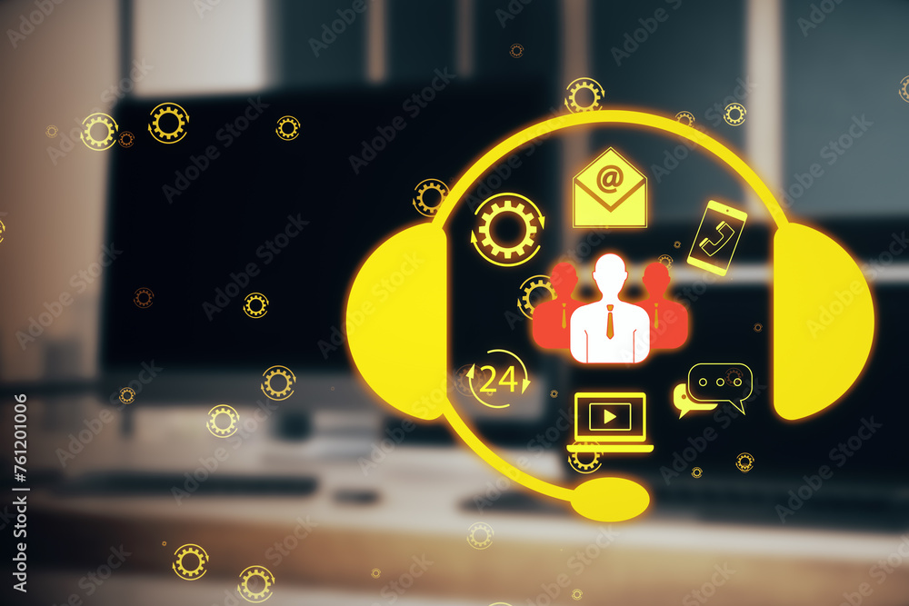 Poster close up of blurry computer monitor on office desk with creative customer support icon on blurry bac