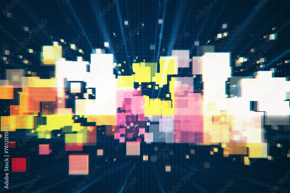 Poster Pixelated digital burst in yellow and pink hues on a dark grid background. Design and creativity concept. 3D Rendering