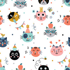 Cute seamless pattern with funny cats. Can be used for wallpaper, pattern fills, web page background,textile, postcards.