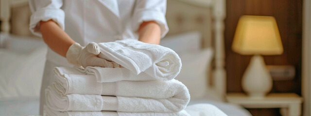 the maid folds the towels. Selective focus.