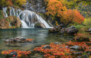 A panoramic view a national park, showing the colorful autumn foliage and waterfalls cascading into turquoise waters