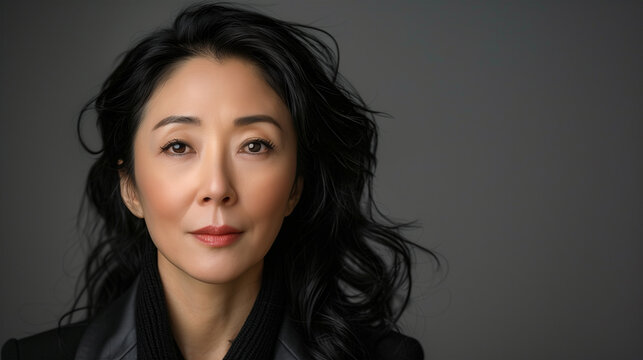 Beautiful senior Asian businesswoman on grey background.