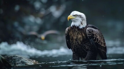 American bald eagle hunting at lake