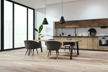 Contemporary concrete and wooden kitchen interior with window and city view, furniture and equipment. 3D Rendering.