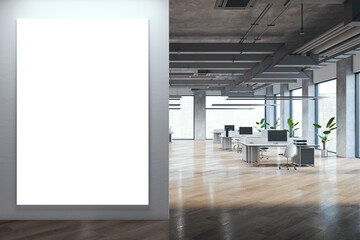Modern spacious coworking office interior with parquet flooring, empty white mock up banner, furniture, windows and city view. 3D Rendering.