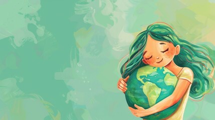 Obraz na płótnie Canvas Cute Girl Hugging or Embracing Earth with Copysace, Earth Day Illustration, Environment Day, Save World