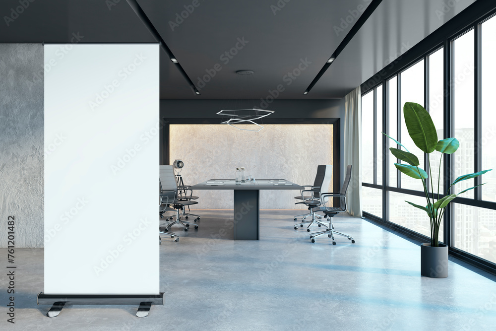 Poster contemporary spacious conference room office interior with empty white mock up banner, furniture and