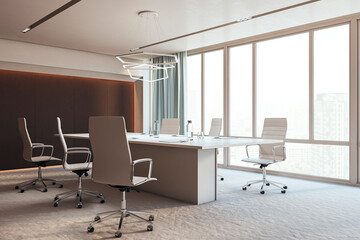 Contemporary spacious meeting room office interior with furniture and panoramic window with city view and daylight. 3D Rendering.