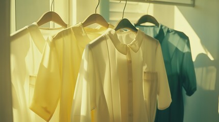 Female blouses and t-shirts on hanger. Minimal fashion clothes concept.