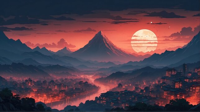 japanese theme wallpaper. red moon japanese theme wallpaper. Japanese Mountain wallpaper. Mountain with red moon wallpaper. urban style japanese wallpaper.