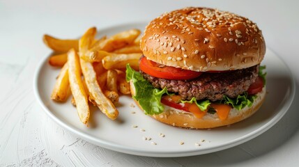 hamburger and 
French fries on plate, on white background