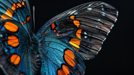 a close up of a butterfly wing with blue and orange colors on it's wings and a black background.