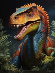 Obraz premium Captivating close-up illustration of a dinosaur showing intricate details and sharp teeth, evoking a sense of awe