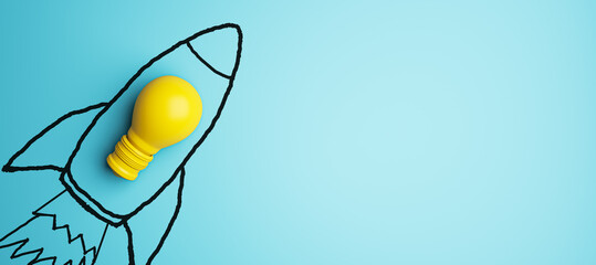 Creative spaceship sketch and yellow lamp on wide blue background with mock up place. Start up, new business ideas and launch concept. 3D Rendering.