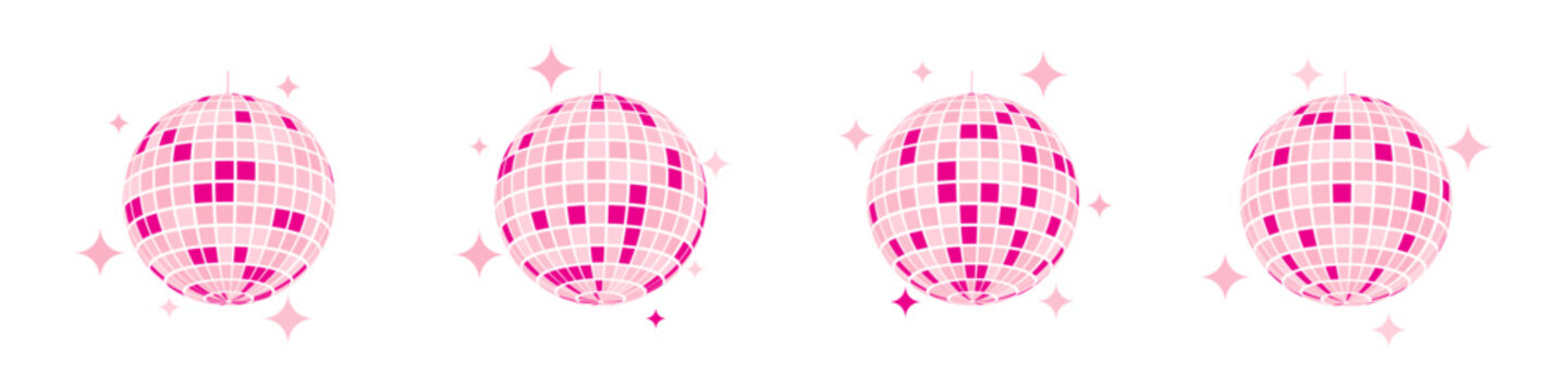Set of pink discoballs. Night music party mirrorballs in 70s 80s 90s discotheque style. Shining nightclub globes with glitters. Nightlife, holiday or celebration symbols. Vector flat illustration