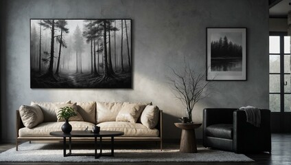 A sophisticated living room showcasing a large black and white painting of a misty forest, creating a serene atmosphere