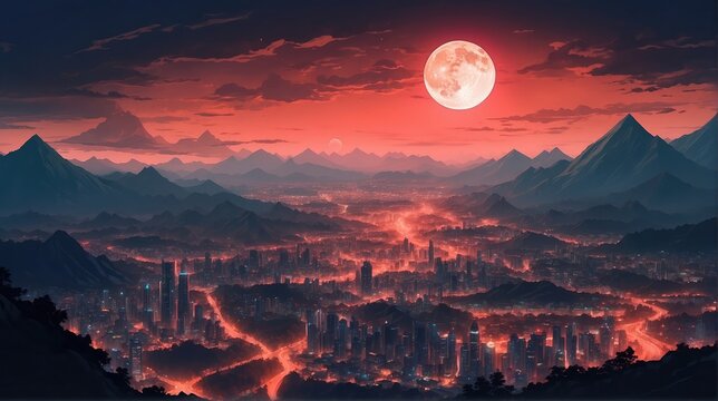 japanese theme wallpaper. red moon japanese theme wallpaper. Japanese Mountain wallpaper. Mountain with red moon wallpaper. urban style japanese wallpaper.