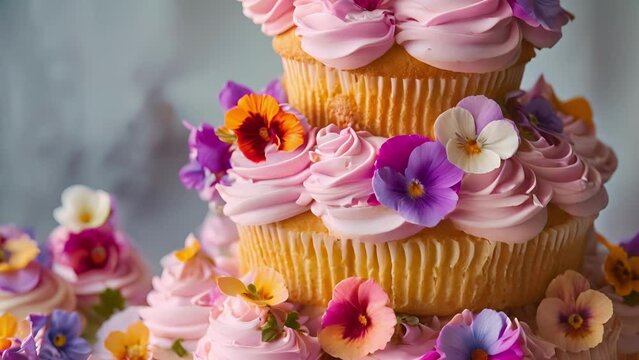 A mouthwatering image of a stacked tower of homemade cupcakes topped with swirls of pastelcolored frosting and edible flowers.