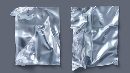 This modern illustration set displays a realistic mock-up of a polythene or cellophane wrapper with wrinkles, folds, and torn covers.