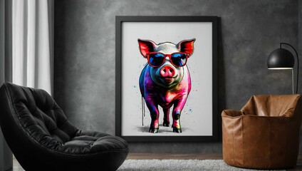 The crisp modern room is enhanced by a vibrant, abstract pig painting, lending a whimsical yet stylish accent - obrazy, fototapety, plakaty