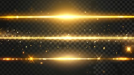 Realistic modern illustration set of golden flare burst with beams. Magic shiny neon shimmer strip with sparkle on transparent background. - obrazy, fototapety, plakaty