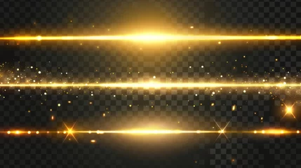 Foto op Plexiglas Realistic modern illustration set of golden flare burst with beams. Magic shiny neon shimmer strip with sparkle on transparent background. © Mark
