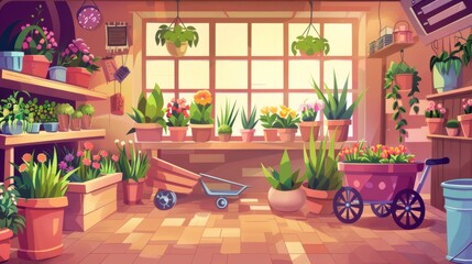 This is a cartoon modern illustration of an interior of a flower shop with plants in pots and vases, a window, a cashier, and a garland on a wooden rack and shelf. This pattern has a wheelbarrow on - obrazy, fototapety, plakaty