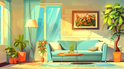 Soft furniture, a table, a lamp, a picture on the wall, pots of green flowers, and a large window in this charming living room. Cartoon modern illustration depicting a modern home with sofas and