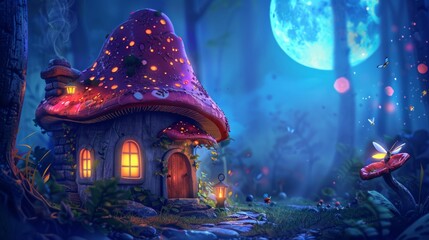 A tiny magical mushroom house with a door and window by the full moon at night. Cartoon fantastic elf or dwarf hut in the forest with neon glowing mushrooms.