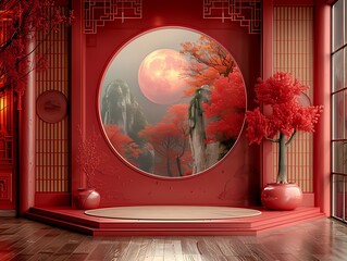 Red round podium with traditional Chinese painting backdrop and red Chinese interior studio scene,  for advertising poster, product display scene and product presentation. 