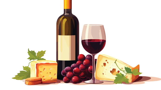 Bottle and glass of wine with piece of cheese