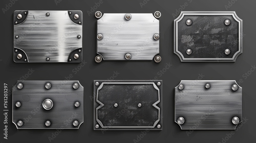Poster mockup of rectangular, square and hexagonal steel metal tag plates with rivets. blank aluminum name 