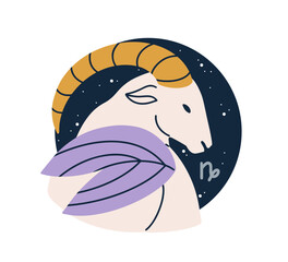 Capricorn, astrological zodiac sign. Horned goat animal, horoscope symbol, star sky. Capricornus, celestial esoteric sticker, icon. Flat graphic vector illustration isolated on white background