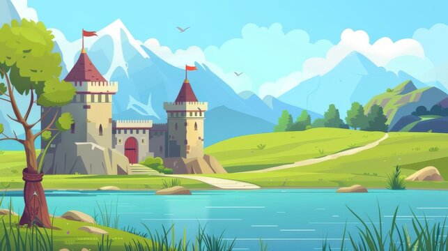 This modern illustration shows a medieval castle surrounded by water, mountains, green grass with a flag on top, a tree near a footpath, and blue skies.