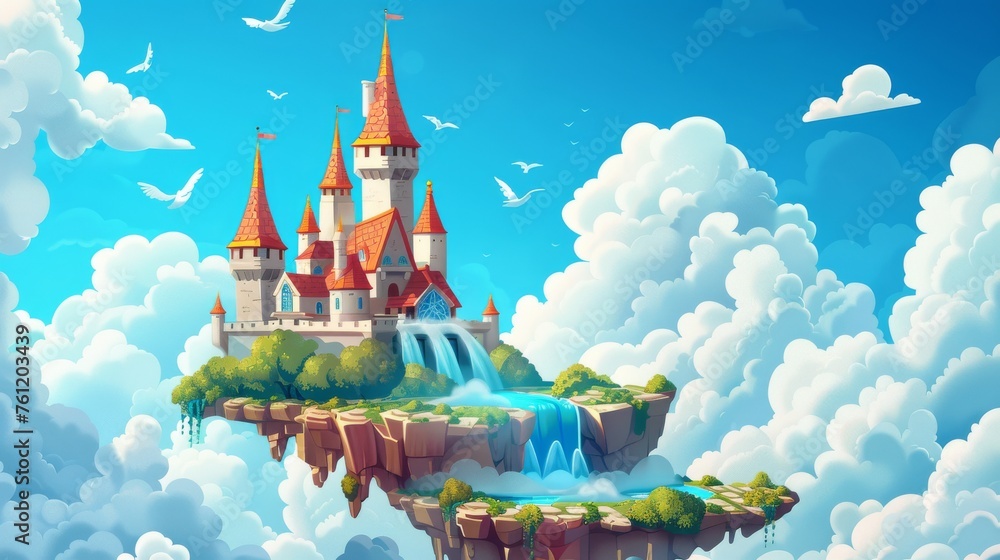 Poster an imaginary fairytale castle on an island in the sky with a waterfall floating among clouds. a magi