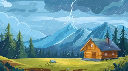 During a thunderstorm and rainy weather, a wooden cabin can be seen in a forest near mountains under a cloudy sky, with falling raindrops and lightning. Modern illustration of a wooden cabin with a