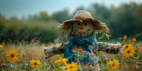 Scarecrow: Protecting Crops from Birds. Concept Agricultural Pest Control, Bird Deterrent Methods, Farming Techniques, Crop Protection, Scarecrow Effectiveness