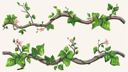 Obraz na płótnie Canvas A twisted, tangled branch with leaves and flowers. A jungle vine with foliage for border decor. Cartoon modern illustration of a rain forest tree stem with green leaves.