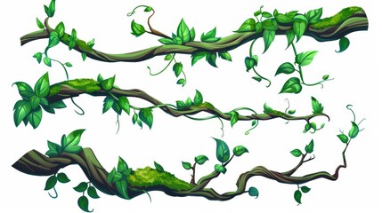 Intricately twisted and swirled liana branch with green leaves and moss leaf for border decoration. Modern illustration of rainforest tree stems.