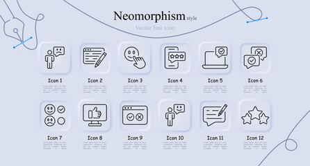 Feedback line icon set. Bad review, monitor, stars, rating, application, comment, emoji, website, phone. Neomorphism style. Vector line icon for Business - obrazy, fototapety, plakaty